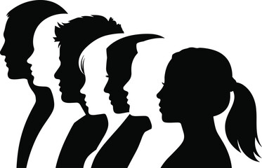 Silhouette profile of diverse people side view, men and women faces in line, concept of unity, teamwork, equality, diversity.