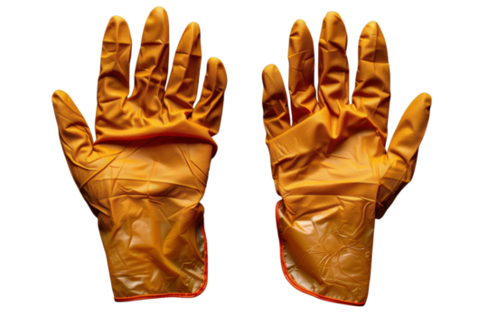 Pair of orange rubber gloves for cleaning or protection against a in studio shot on transparent background