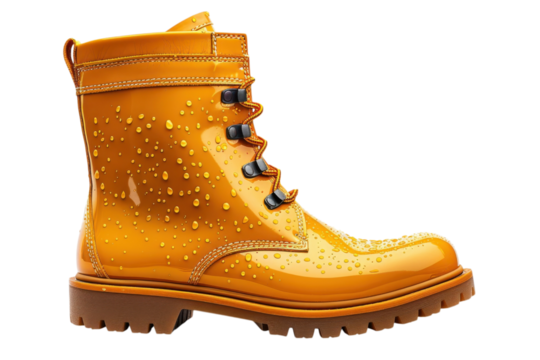 Waterproof yellow boot with raindrops showcases durability and style for outdoor adventures and fashion on transparent background