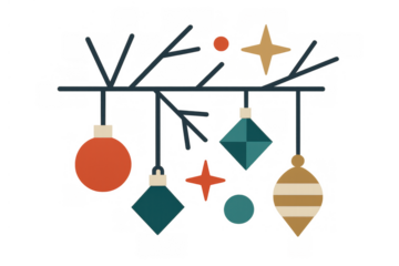 Christmas tree branch decorating with festive holiday baubles and stars, creating a cozy winter season vibe