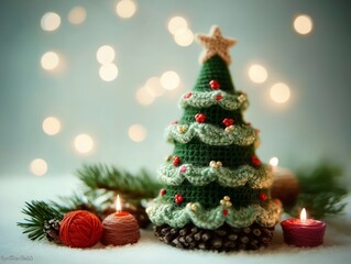 Fototapeta premium DIY Christmas mockup featuring small knitted tree with red berries on snowy background, magical bokeh effect, cozy handmade concept with space for text, ideal for hobby banners and craft promotions