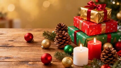 A rustic and festive scene with Christmas decorations and wrapped gifts, ideal for promoting holiday products, gift packaging, and home decor.