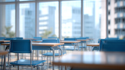A classroom with rows of empty desks and a view of the city through the windows. The scene evokes a sense of anticipation and learning. The desks are arranged in neat rows.
