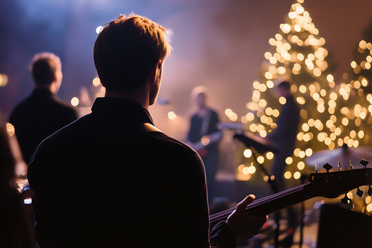 Band's performance with a festive touch! Enjoy the melodic vibes with guitars in the spotlight as the band plays against a backdrop of warmly lit festive trees. #LiveMusic