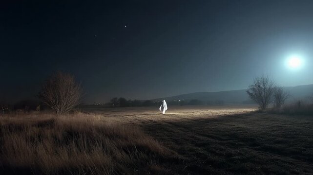 A Mysterious Figure in a White Cloak Wanders a Serene Nighttime Field Under a Bright Moon and Starry Sky, Creating an Enigmatic Atmosphere of Intrigue and Wonder