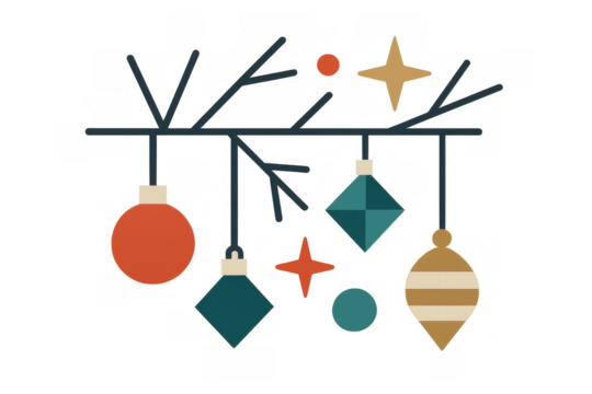 Christmas tree branch decorating with festive holiday baubles and stars, creating a cozy winter season vibe