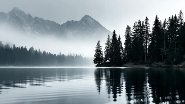 Dynamic drone view over the misty landscape with calm lake, trees and distant mountain peaks.