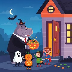 Animated Halloween illustration showing a hippo dressed in a suit handing out candy to trick-or-treaters in various costumes
