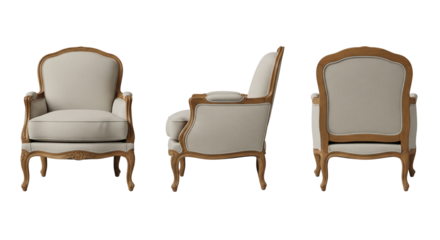 Vintage bergere armchair with carved wooden frame and beige fabric from front side and back views