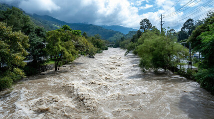 Overflowing river after a cyclone. An overflowing river with raging water after a big cyclone