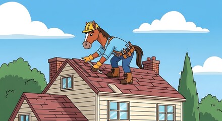 Animated horse-human hybrid, wearing a hard hat and tool belt, repairs a red-tiled roof under a blue sky