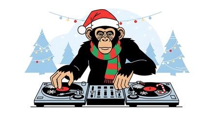 Animated illustration of a chimpanzee DJ wearing a Santa hat and scarf, mixing records in a winter scene