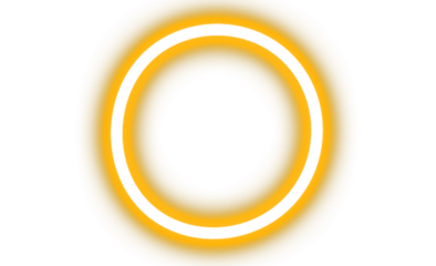 Yellow neon glowing circle. Bright neon ring. Circular light effect. Glowing red frame. Neon design element. Isolated on transparent background. Design elements PNG
