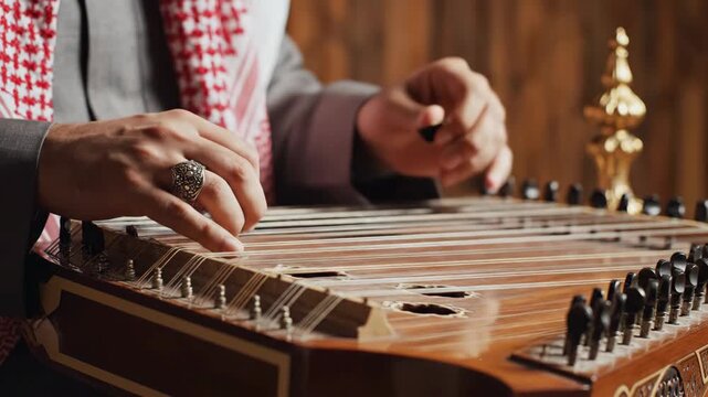 Arab Man Playing Traditional Middle Eastern String Instrument, Qanun, Close-up of Hands