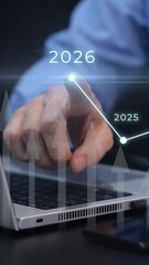 Vertical of Businessman pointing at 2026 on a chart timeline with rising revenue trend, predicting continued business growth