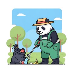 Animated image depicts a panda wearing overalls and a hat, cleaning up a park using a grabber tool. A bag of trash is nearby