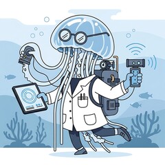 Animated image depicts a jellyfish scientist underwater with scientific equipment. The creature wears glasses, a lab coat, and a backpack