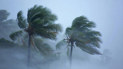 Naklejka premium Palm trees blowing in the wind and rain as a hurricane nears. Palm trees blowing in the wind and rain as a hurricane approaches