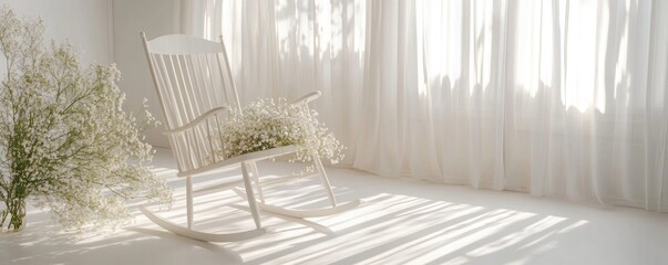 Elegant white rocking chair with delicate flowers in a sunlit room