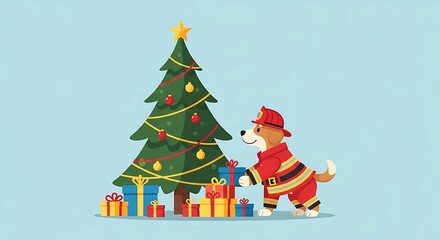 Animated image of a dog dressed as a firefighter arranging gifts beneath a decorated Christmas tree. Background is a light blue color