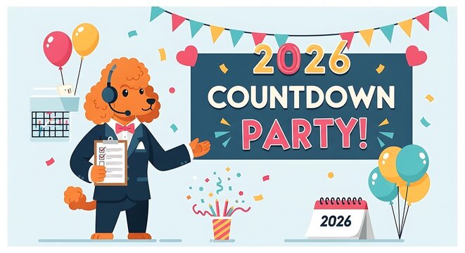 Animated image of a dog dressed in a suit, advertising a New Year's countdown party, with balloons, confetti, and a calendar