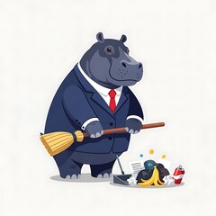 Animated image of a hippo in a suit sweeping up trash into a dustpan with a broom. Clean-up concept