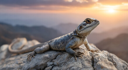 Fototapeta premium a lone lizard perched on a rocky mountain peak during sunrise, surrounded by soft morning light and blurred mountain silhouettes in the distance, capturing the serenity of wildlife in its natural