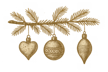 Golden christmas ornaments hanging from a fir branch, holiday season traditional decoration, vintage drawing style on transparent background