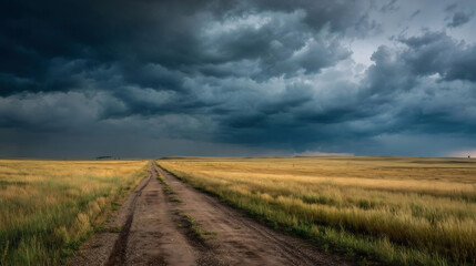 Naklejka premium Country road, storm above field