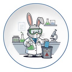 Animated image of a lab rabbit in a lab coat and goggles by a microscope and trash. The rabbit disposes of paper into a biohazard bin