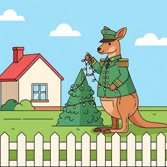 Animated image of a kangaroo wearing a uniform, decorating a Christmas tree with colorful lights in front of a house
