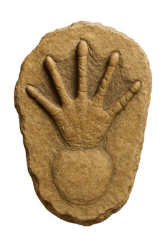 Fossilized amphibian footprint showing webbed toes and a soft heel pad.