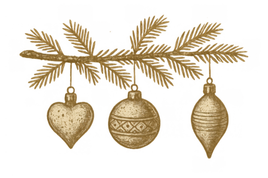 Golden christmas ornaments hanging from a fir branch, holiday season traditional decoration, vintage drawing style on transparent background