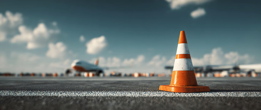 minimalist orange and white traffic cone standing alone on gray asphalt near an airport runway under bright blue sky with scattered clouds, representing safety, caution, and modern urban organization