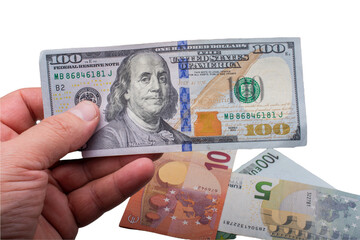 American and European money, dollar, euro, banknotes isolated on white background.