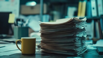 Overwhelmed by Paperwork, Stack of Documents and Coffee Cup on Desk