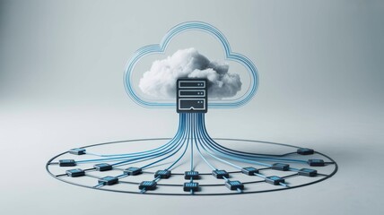 A cloud computing concept featuring a server connected to multiple devices through data lines, symbolizing digital storage and network connectivity.