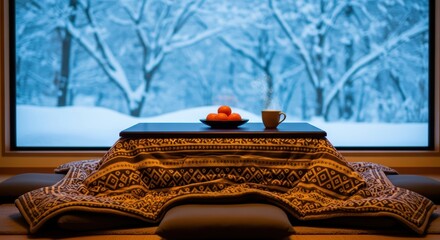 Cozy winter scene with kotatsu table and oranges by snowy window