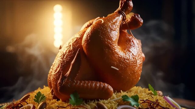Whole roasted chicken mandi rice steaming delicious meal