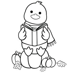 Duck reading book surrounded by pumpkins cozy autumn scene line art illustration 