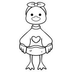 Adorable duck wearing green sweater with heart pattern line art illustration 