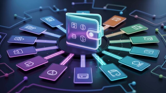 A digital wallet surrounded by various icons representing financial transactions and services in a futuristic, colorful design.