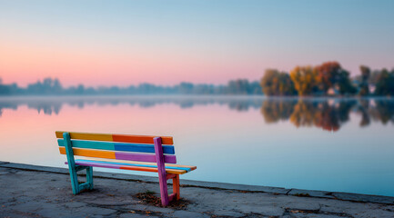 Obraz premium tranquil outdoor landscape scene at dawn features an empty wood bench positioned by the lake water, bathed in beautiful soft pastel color light for peaceful summer vacation concept and moment of relax