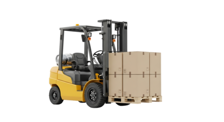 Yellow forklift truck, carrying stacked cardboard boxes on a pallet, isolated on a white or transparent background, cutout, PNG