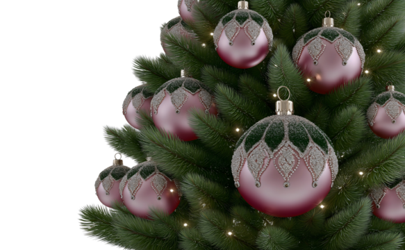 Pink Christmas ornaments, silver glitter decoration on green pine tree branches with warm white lights isolated transparent background.