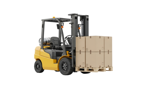 Yellow forklift truck, carrying stacked cardboard boxes on a pallet, isolated on a white or transparent background, cutout, PNG