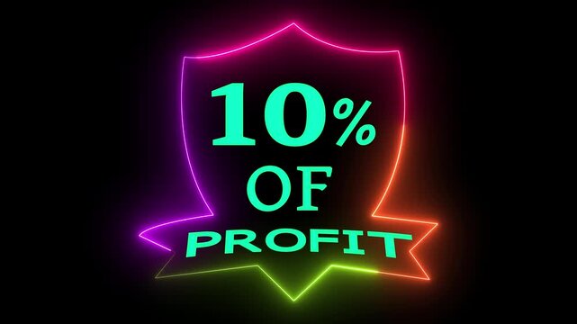 Dynamic 10% Profit Neon Sign Animation on Black Background - Business Savings and Financial Gain Concept