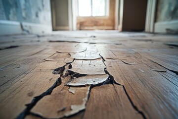 Dilapidated hardwood flooring with cracked and peeling surface after water damage