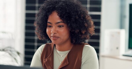 Laptop, reading and thinking with business woman in solar energy workplace for planning or research. Computer, development and sustainability with African employee in office for photovoltaic power - Powered by Adobe