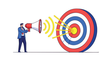 Businessman with Megaphone Aiming at a Target with Arrows Hitting the Bullseye.